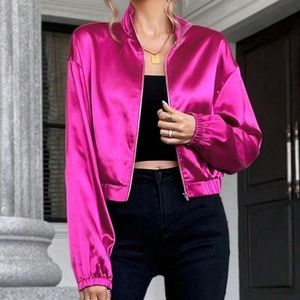 Luxe Hot Pink High Neck Zipper Satin Bomber Jacket